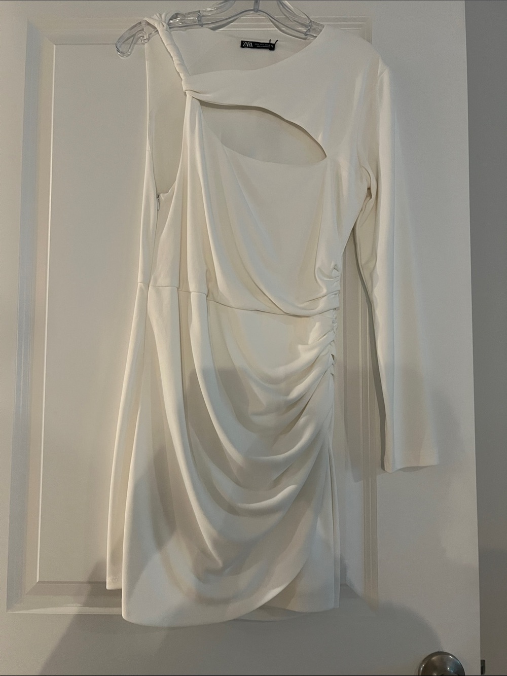 Zara Ivory One-Shoulder Draped Cutout Mini Dress
